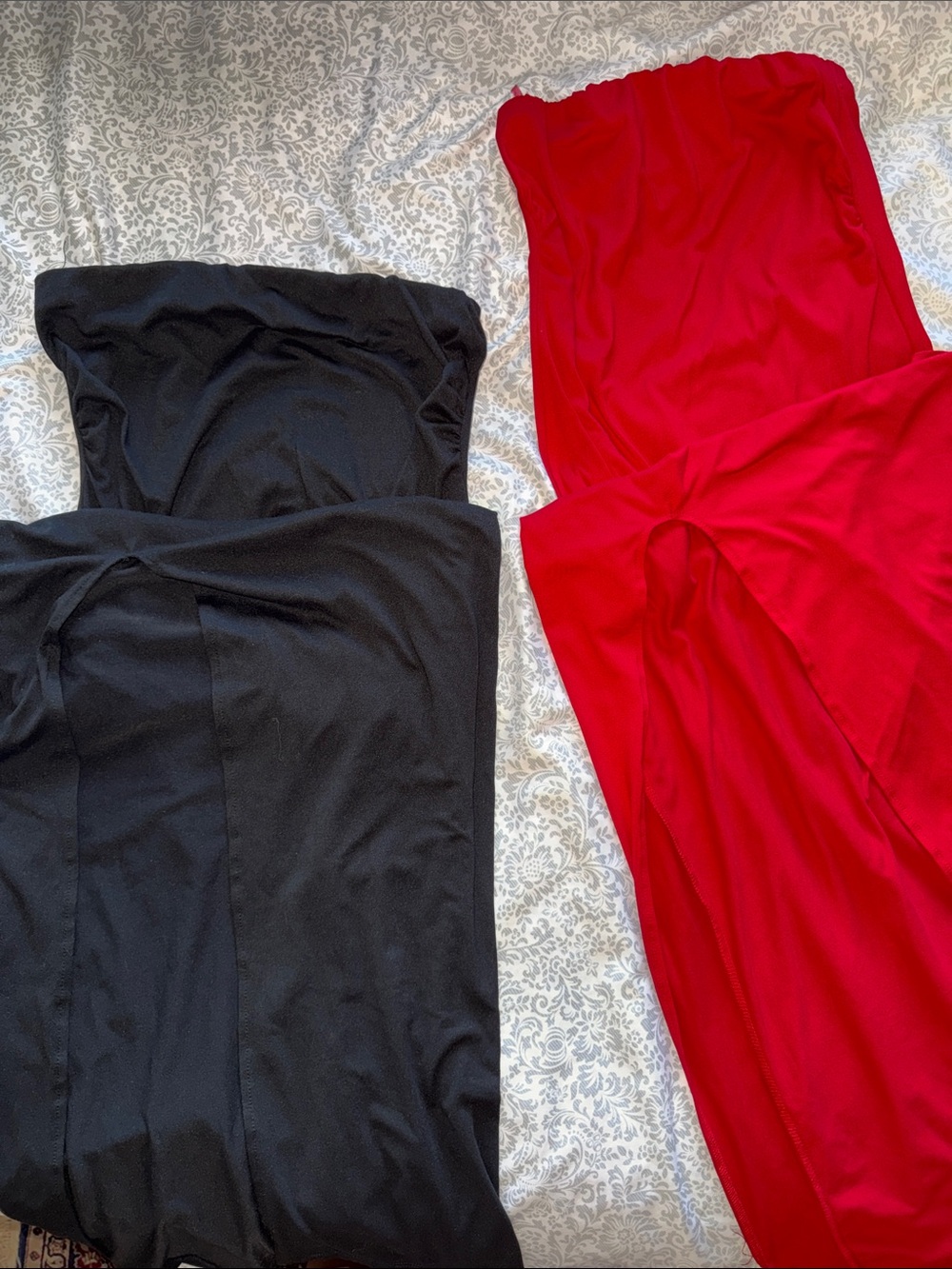 Black and Red Strapless Cowl Maxi Dresses with Slits